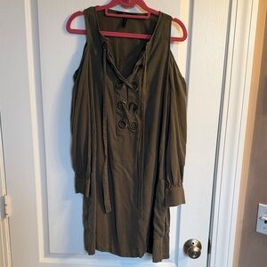 BCBGMaxAzria Olive Cold-Shoulder Lace-Up Long Sleeve Dress